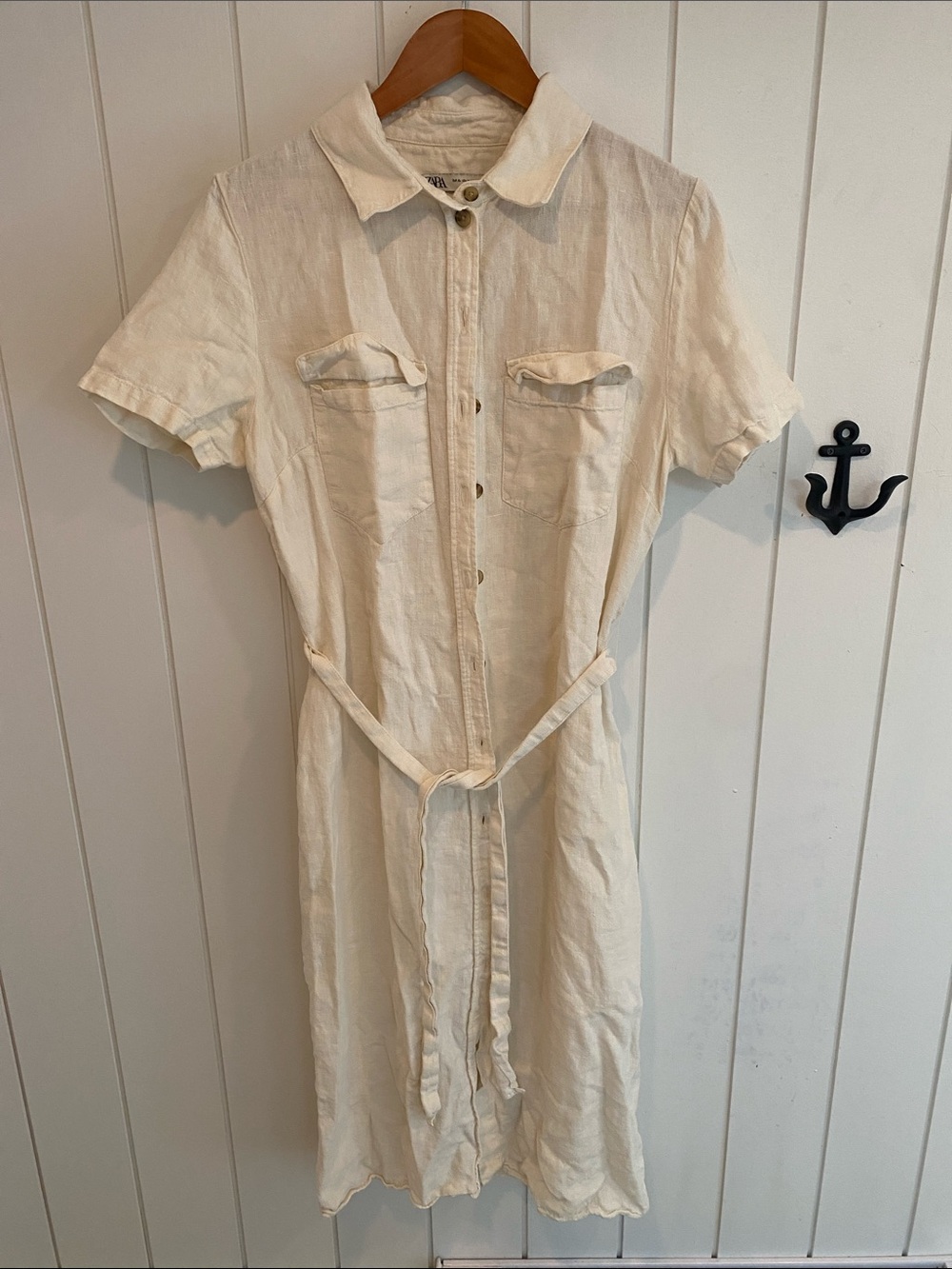 Cream Button-Front Shirt Dress with Tie Waist - 100% linen